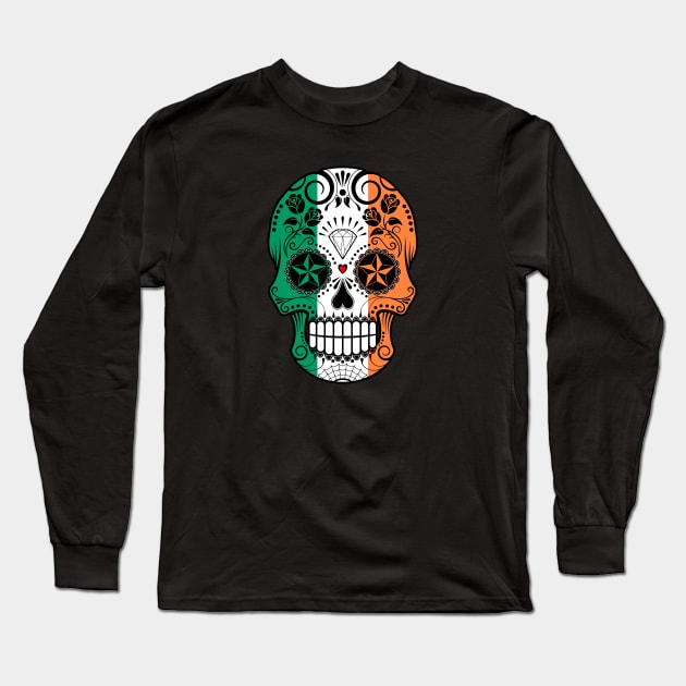 Irish Flag Sugar Skull with Roses Long Sleeve T-Shirt by jeffbartels